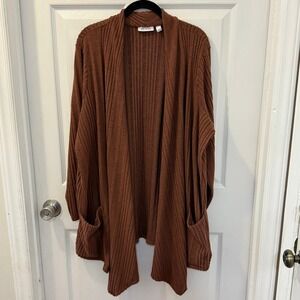 Denim & Co. Women's Plus Size 2XP Brown Brushed Ribbed Knit Open Front Cardigan